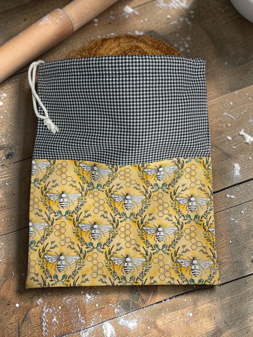 Yellow Bumblebee Bread Bag, Black White Checkered Cotton Bread Bag, Reusable Bag